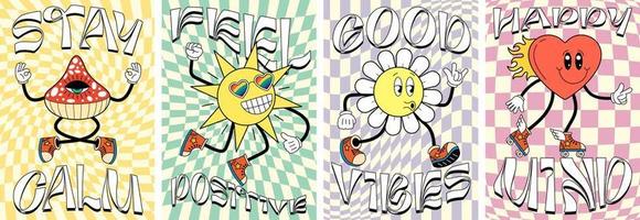 retro groovy kunst poster reeks met karakters. vlieg agaric paddestoel, gelukkig zon, madeliefje bloem en hart mascottes Aan gek wijnoogst hippie spandoeken. modieus psychedelisch y2k stijl abstract vector aanplakbiljet ontwerp