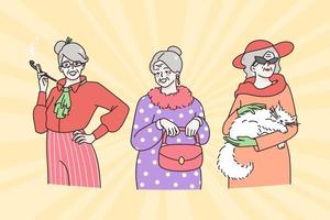 elegant grootmoeders en oud Dames concept. groep van volwassen grijs haren Dames in elegant kleren staand en gevoel modern en mooi vector illustratie