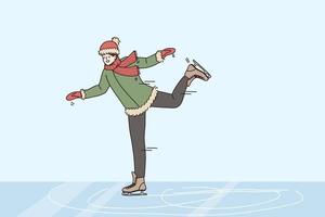 winter pret en activiteiten concept. glimlachen jongen vervelend sjaal en hoed het schaatsen Aan baan genieten van hebben pret vrije tijd en Reserve tijd vector illustratie
