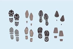 voetafdrukken en divers zolen concept. reeks van verschillend voet prints van laarzen silhouetten verschillend maten en vormen over- blauw achtergrond vector illustratie