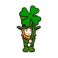 schattige kabouter saint patrick dag karakter houden klaver cartoon vector pictogram illustratie