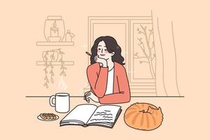 schrijven aantekeningen en verhaal concept. jong glimlachen vrouw schrijven zittend Bij huis met kat en heet drinken en schrijven verhaal met pen vector illustratie