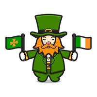 schattige kabouter saint patrick dag karakter houden Ierse vlag cartoon vector pictogram illustratie