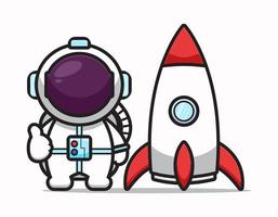 schattig astronaut karakter met goede pose en raket cartoon vector pictogram illustratie