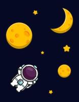 schattige astronaut mascotte karakter vliegende ruimtes met gele maan en ster cartoon vector pictogram illustratie