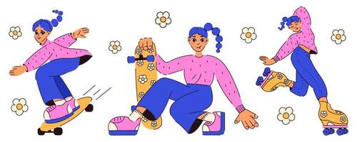 rol het schaatsen meisje karakter. retro meisje met blauw haar- Aan skateboard. modieus 90s stijl. nostalgie voor 90s - jaren 2000. vector geïsoleerd set. vlak stijl.