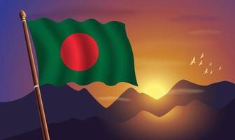 Bangladesh vlag met bergen en zonsondergang in de achtergrond vector