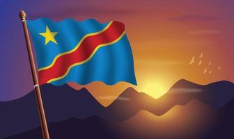 Congo vlag met bergen en zonsondergang in de achtergrond vector