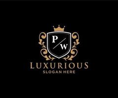 eerste pw brief Koninklijk luxe logo sjabloon in vector kunst voor restaurant, royalty, boetiek, cafe, hotel, heraldisch, sieraden, mode en andere vector illustratie.