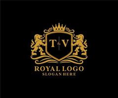 eerste TV brief leeuw Koninklijk luxe logo sjabloon in vector kunst voor restaurant, royalty, boetiek, cafe, hotel, heraldisch, sieraden, mode en andere vector illustratie.