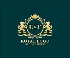 eerste ut brief leeuw Koninklijk luxe logo sjabloon in vector kunst voor restaurant, royalty, boetiek, cafe, hotel, heraldisch, sieraden, mode en andere vector illustratie.