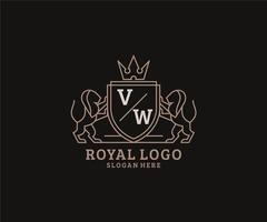 eerste vw brief leeuw Koninklijk luxe logo sjabloon in vector kunst voor restaurant, royalty, boetiek, cafe, hotel, heraldisch, sieraden, mode en andere vector illustratie.