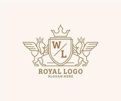 eerste wl brief leeuw Koninklijk luxe heraldisch, wapen logo sjabloon in vector kunst voor restaurant, royalty, boetiek, cafe, hotel, heraldisch, sieraden, mode en andere vector illustratie.