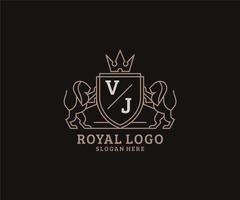 eerste vj brief leeuw Koninklijk luxe logo sjabloon in vector kunst voor restaurant, royalty, boetiek, cafe, hotel, heraldisch, sieraden, mode en andere vector illustratie.