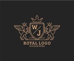 eerste wj brief leeuw Koninklijk luxe heraldisch, wapen logo sjabloon in vector kunst voor restaurant, royalty, boetiek, cafe, hotel, heraldisch, sieraden, mode en andere vector illustratie.