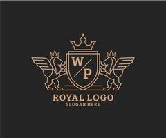 eerste wp brief leeuw Koninklijk luxe heraldisch, wapen logo sjabloon in vector kunst voor restaurant, royalty, boetiek, cafe, hotel, heraldisch, sieraden, mode en andere vector illustratie.