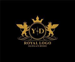 eerste yd brief leeuw Koninklijk luxe heraldisch, wapen logo sjabloon in vector kunst voor restaurant, royalty, boetiek, cafe, hotel, heraldisch, sieraden, mode en andere vector illustratie.