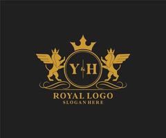 eerste ja brief leeuw Koninklijk luxe heraldisch, wapen logo sjabloon in vector kunst voor restaurant, royalty, boetiek, cafe, hotel, heraldisch, sieraden, mode en andere vector illustratie.