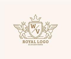 eerste wv brief leeuw Koninklijk luxe heraldisch, wapen logo sjabloon in vector kunst voor restaurant, royalty, boetiek, cafe, hotel, heraldisch, sieraden, mode en andere vector illustratie.