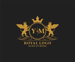 eerste ym brief leeuw Koninklijk luxe heraldisch, wapen logo sjabloon in vector kunst voor restaurant, royalty, boetiek, cafe, hotel, heraldisch, sieraden, mode en andere vector illustratie.