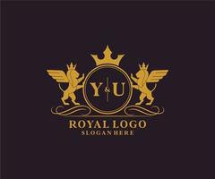 eerste ja brief leeuw Koninklijk luxe heraldisch, wapen logo sjabloon in vector kunst voor restaurant, royalty, boetiek, cafe, hotel, heraldisch, sieraden, mode en andere vector illustratie.