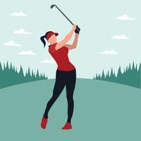 vector illustraties - vrouw schommel golf stok in de golf veld- - vlak tekenfilm stijl