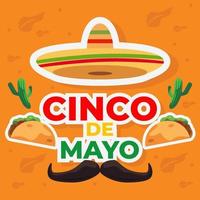 cinco de mayonaise. illustratie van een sombrero hoed, snor, gebakken taco, en cactus vector