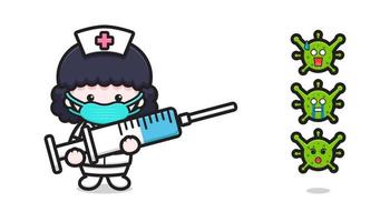schattige verpleegster mascotte karakter strijd tegen virus cartoon vector pictogram illustratie