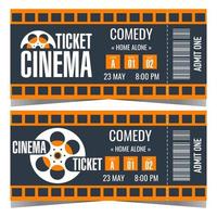 bioscoop ticket ontwerp sjabloon met cinematografisch film en film haspel Aan achtergrond. vector ticket of klauw naar de film sessie toegang met datum en tijd, afneembaar een deel met streepjescode.