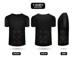 duidelijk zwart t-shirt ontwerp, met batik motief. voorkant, terug en kant visie, 3d stijl t-shirt mockup vector