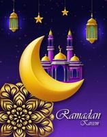 Ramadan kareem groet kaart. Islamitisch viering uitnodiging poster. geïsoleerd Aan Purper achtergrond. vector illustratie