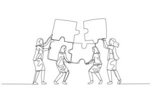 illustratie van zakenvrouw met team brengen puzzel samen. concept van teamwerk. single doorlopend lijn kunst stijl vector