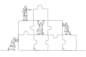 illustratie van moslim vrouw Verbinden puzzels stukken gebouw. concept van medewerking. doorlopend lijn kunst stijl vector