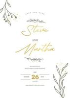 minimalistische bruiloft uitnodiging sjabloon met goud hand- getrokken bloemen vector