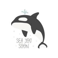 zee u spoedig. tekenfilm moordenaar walvis, decor elementen, hand- tekening belettering. kleurrijk vector illustratie. hou op plastic.