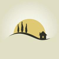 de huis en drie bomen tegen de zon. een vector illustratie
