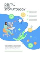 tandheelkundig zorg kantoor en stomatologie folder of brochure ontwerp met karakter van tandarts gebruik makend van computer tomografie apparatuur. tandheelkunde, tandheelkundig implantologie en mondeling tomografie banier sjabloon. vector