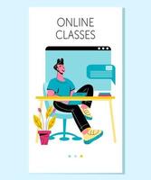 mobiel bladzijde voor online onderwijs toepassing met vrouw aan het leren Bij huis. afstand onderwijs en thuisonderwijs, e-learning en leerzaam trainingen concept, vlak vector illustratie.