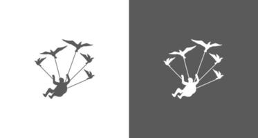 skydiver-logo, het silhouet van een vliegende man met vogels, een parachutespringende man met vogelslogo vector