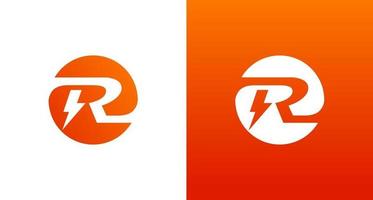 r elektrisch logo-ontwerp met vonk- en spanningselement, cirkel r eerste logo vector