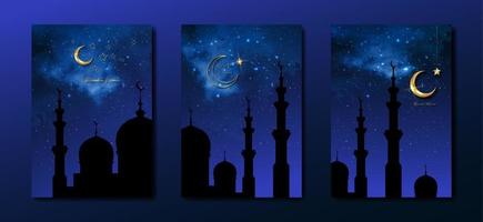 Ramadan kareem 2023 vector reeks groet kaart. goud voor de helft maan Aan sterrenhemel blauw achtergrond. vakantie poster met tekst, Islamitisch symbool. concept moslim religie banier, folder, partij uitnodiging, uitverkoop winkel
