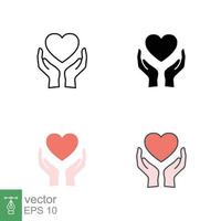 hand- hart icoon in verschillend stijl. lijn, stevig, vlak, gevulde schets stijl. vasthouden, pictogram, zorg, grafisch, leven, Gezondheid, opslaan, liefde, verlenen, liefdadigheid concept. vector illustratie geïsoleerd. eps 10.