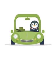 pinguïn reist met groene auto vector