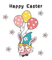 schattige paashaas oren gnome houden ei ballonnen in pastel lente kleur, vrolijk Pasen, schattige cartoon illustratie doodle tekening overzicht vector clipart