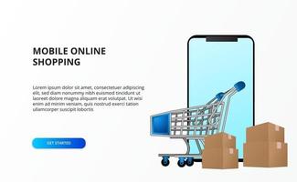 online winkelconcept met smartphone met trolleywagen en kartonnen pakket vector