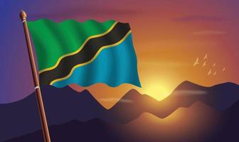 Tanzania vlag met bergen en zonsondergang in de achtergrond vector