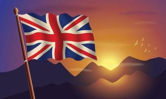 Verenigde koninkrijk vlag met bergen en zonsondergang in de achtergrond vector