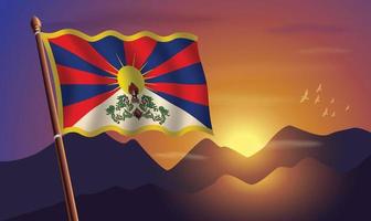 Tibet vlag met bergen en zonsondergang in de achtergrond vector