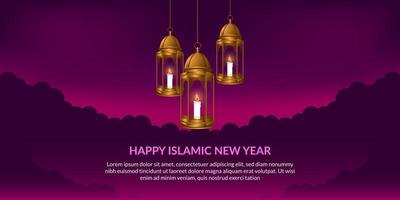islamitisch nieuwjaar. gelukkige muharram. hangende fanous Arabische gouden lantaarn met paarse achtergrond. vector