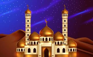 3d gouden koepelmoskee bij nachthemelmening van de woestijn. illustratie voor islamitische gebeurtenis. heilige vastenmaand, ramadan. vector